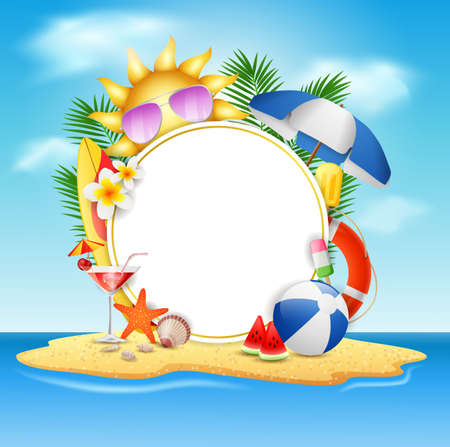 Summer banner design concept in beach island with beauty blue sky background.illustrationの写真素材