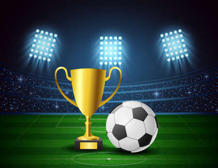 Football arena with bright light stadium design and award trophy. vector illustrationのイラスト素材