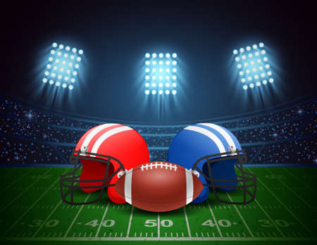 American football arena, helmet, ball with bright stadium lighting design. illustrationの写真素材