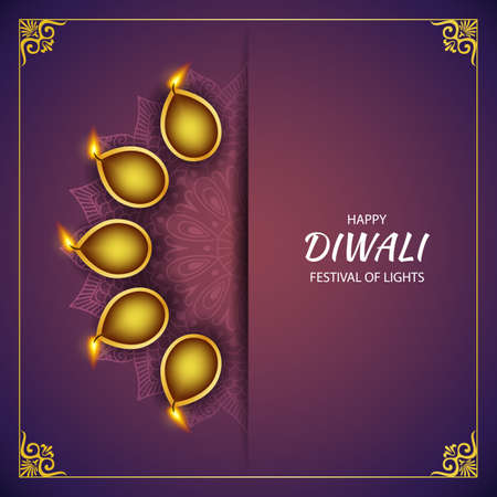 Happy Diwali festival of light with diya lamps and rangoli. Vector illustrationのイラスト素材
