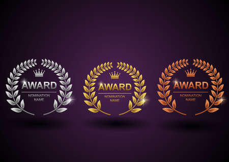 Set of gold, silver and bronze laurel wreath. Winner label, leaf symbol victory with purple background. Vector illustrationのイラスト素材