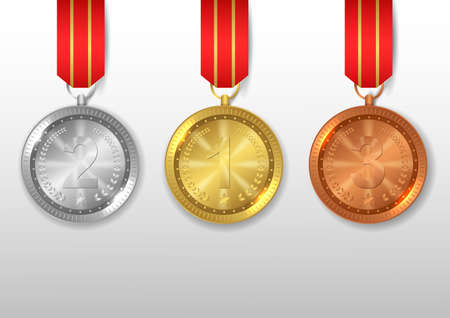 Set of medals gold, silver and bronze, Award with red ribbon. Vector illustrationのイラスト素材