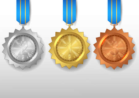 Set of medals gold, silver and bronze, Award with blue ribbon. Vector illustrationのイラスト素材