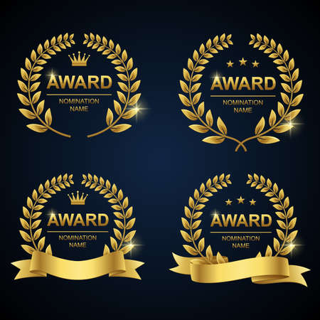 Golden award laurel wreath set. Winner label, leaf symbol victory. Illustrationの写真素材