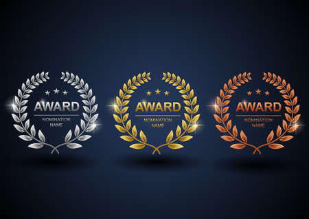 Set of gold, silver and bronze laurel wreath. Winner label, leaf symbol victory with blue background. Illustrationの写真素材