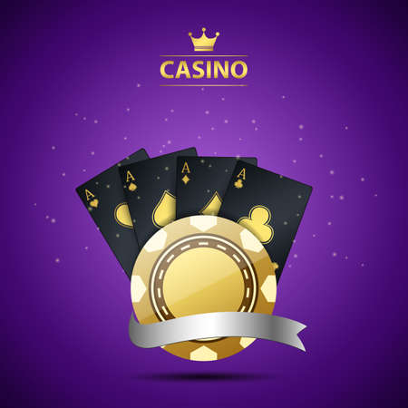 Casino background with gold chip, playing card and silver ribbon. Vector illustrationのイラスト素材