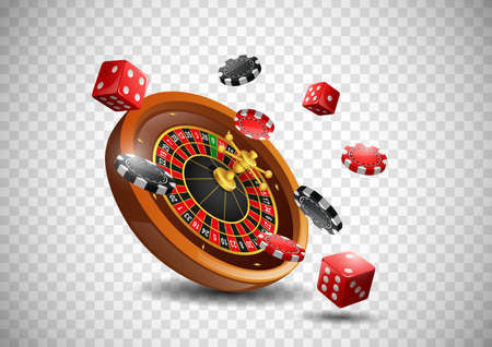 Casino roulette wheel with chips poker and red dice on isolated transparent background. Vector illustrationのイラスト素材
