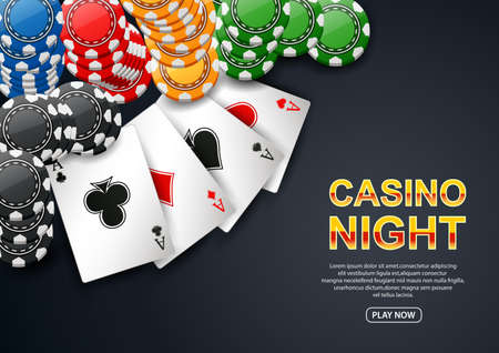 Casino Night. with chip poker and playing card on black background. Flyer, poster or banner design. Vector illustrationのイラスト素材
