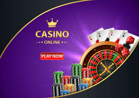 Casino online background with roulette wheel, chips poker and playing cards. Vector illustrationのイラスト素材