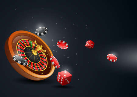 Casino roulette wheel with chips poker and red dice. illustrationの写真素材