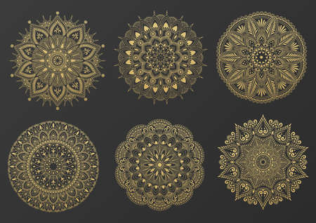 Set of round gold ornament mandala. Mandala with floral patterns. Yoga template. Vector illustrationのイラスト素材