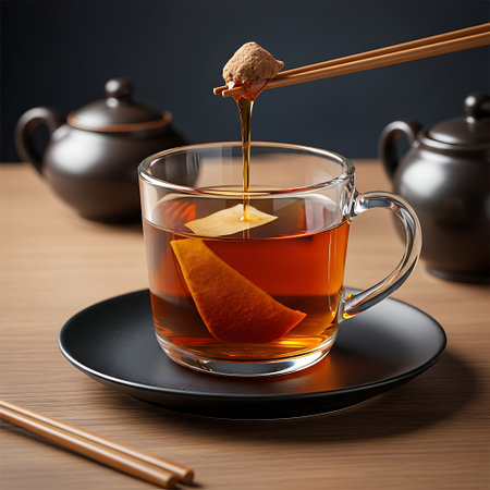 Cup of tea with orange and teapot on wooden tableの素材