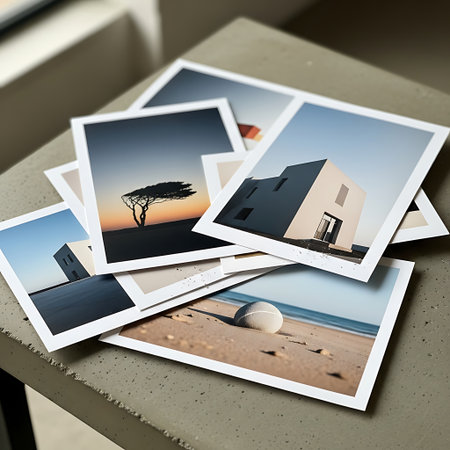 Collection of photos on a table, close-up, selective focusの素材