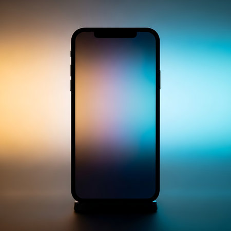 Smartphone with blank screen on blurred background. 3D illustration.の素材