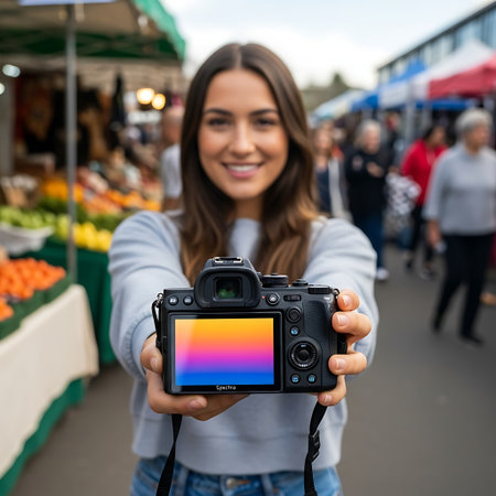 Beautiful young woman holding a camera and smiling at the camera while standing at the marketの素材