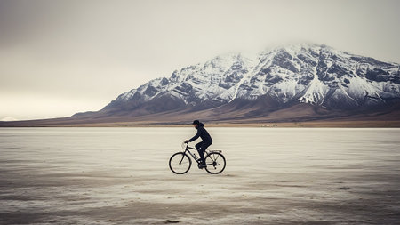 Cyclist on a frozen lake with mountains in the background.の素材