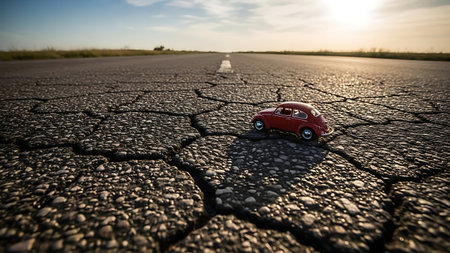 Red toy car on the cracked asphalt road. Conceptual photo.の素材