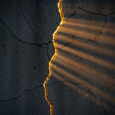 Cracked concrete wall with sunlight coming through the crack. Abstract backgroundの素材