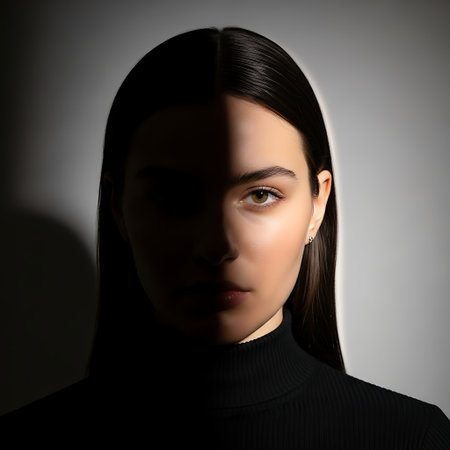 Portrait of a beautiful young woman in a black turtleneck.の素材