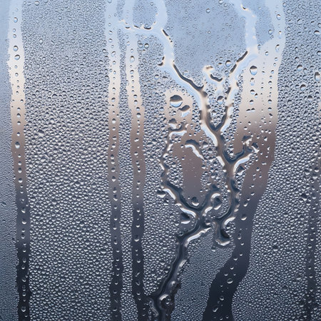 Water drops on the window in the early morning. Selective focus.の素材