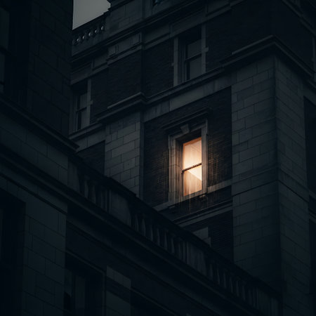 Night view of a building with a window in the foreground. Vintage style.の素材