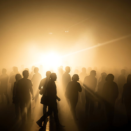 Silhouettes of people walking on a road in the fog.の素材