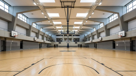 Interior of a gymnasium with a basketball court in the foregroundの素材