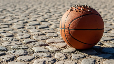 Basketball ball on the cobblestone pavement. Sport background.の素材