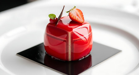 Strawberry mousse cake on white plate, close-upの素材