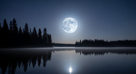 Beautiful night landscape with lake, forest and moon in the skyの素材