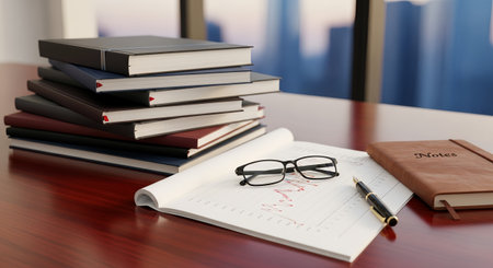 A stack of books, eyeglasses, a notebook with pen, and a small journal sit on a wooden desk. Natural light illuminates the scene, with a blurred city view in the background.の素材
