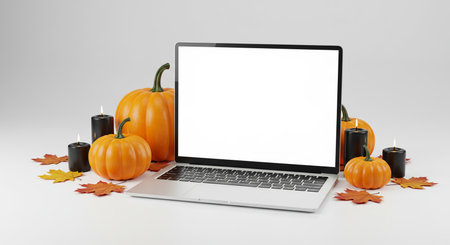 Front view of a laptop mockup on a white surface, decorated with pumpkins, black candles, and fall leaves for a cozy, modern Halloween or Thanksgiving theme.の素材