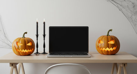 Festive Halloween desk setup with glowing jack-o-lanterns, dark candles, and a laptop on a light wooden table, creating a spooky yet cozy autumn atmosphere.の素材