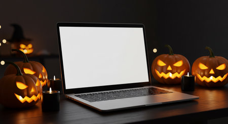 A dark, atmospheric scene featuring a laptop with a blank screen surrounded by carved pumpkins, flickering candles, and a witch hat, perfect for Halloween-themed content.の素材