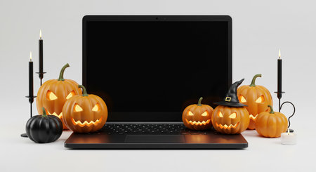 A festive Halloween mockup featuring a laptop with a blank screen, surrounded by glowing jack-o-lanterns, black candles, and a tiny witch hat on a clean background.の素材