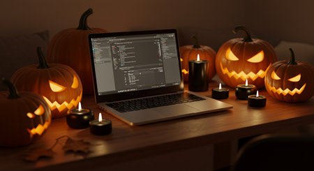 A dimly lit desk features a laptop surrounded by carved, glowing jack-o-lanterns and small, flickering candles, creating a festive and eerie Halloween atmosphere.の素材