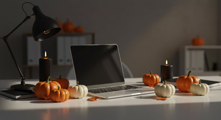 A laptop sits on a white desk adorned with miniature pumpkins and lit candles, bathed in soft sunlight, creating a cozy autumn workspace ambiance.の素材