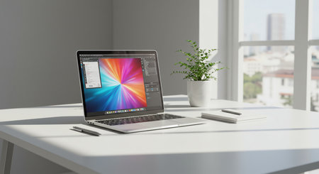 Bright, sunlit home office features a sleek laptop displaying a vibrant abstract design on a clean white desk. Natural light streams through a large window, creating a modern, productive workspace.の素材