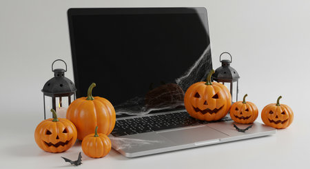 A sleek laptop stands on a white surface, flanked by an array of cheerful jack-o-lanterns and elegant black lanterns, creating a contemporary Halloween desktop scene.の素材