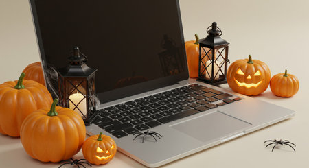 A modern laptop with a blank screen sits ready for Halloween content, surrounded by glowing jack-o-lanterns, spooky lanterns, and creepy crawly spiders on a desk.の素材