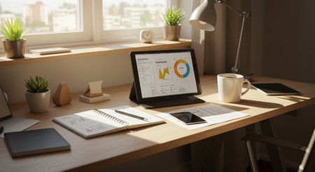 A bright, organized home office desk bathed in natural sunlight, featuring a tablet with financial data, notebooks, and a coffee mug, suggesting productivity and remote work.の素材