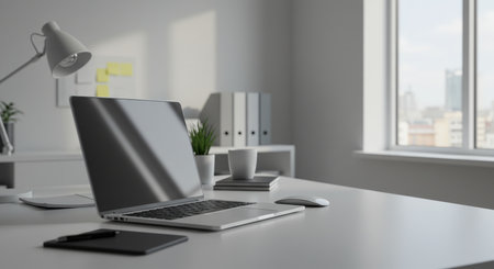 A bright, minimalist office space featuring a laptop on a clean white desk. Natural light streams in from a large window, illuminating the workspace. The scene includes a lamp, files, and a city view, creating a sense of productivity and calm.の素材