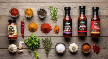 A vibrant flat lay showcases an array of BBQ sauces, aromatic spices, fresh herbs, and key ingredients, evoking a sense of gourmet preparation and delicious flavor.の素材