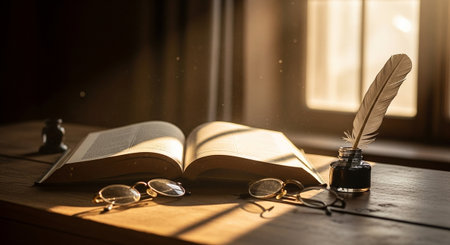 An antique open book rests on a wooden desk, accompanied by a quill pen, inkwell, and spectacles, illuminated by soft, warm sunlight streaming through a window.の素材