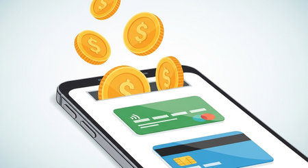 Golden coins fall into a smartphone displaying credit cards, a concept for mobile banking, digital cashback rewards, online income, and fintech innovation.の素材