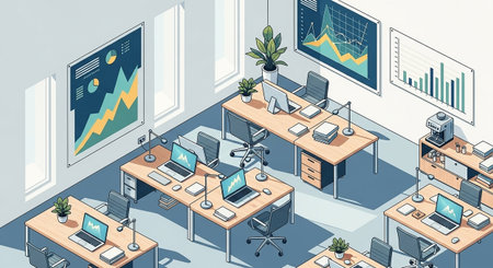 Bright, isometric view of a modern office. Desks with laptops, data charts on walls, and plants create a clean, productive workspace. Soft light enhances the airy atmosphere.の素材