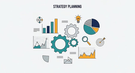 A conceptual flat design illustration for strategy planning, featuring a collage of data charts, gears, a lightbulb, and a target to visualize business analysis and goal setting.の素材