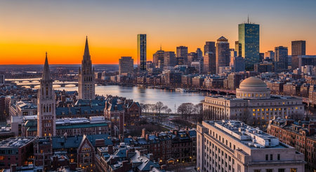 A breathtaking panoramic view of the Boston skyline at sunset. The golden hour bathes the city in warm light, highlighting iconic buildings, the Charles River, and the vibrant sky. The composition emphasizes depth and scale.の素材