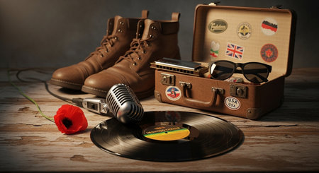 Moody still life of vintage travel and music essentials - worn boots, classic microphone, vinyl record, and sticker-covered suitcase on wood. Evokes adventure and nostalgia.の素材