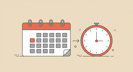 A minimalist flat line illustration showing a calendar with a red-marked date pointing to a clock, symbolizing a deadline, appointment, or scheduled event. Time management concept.の素材